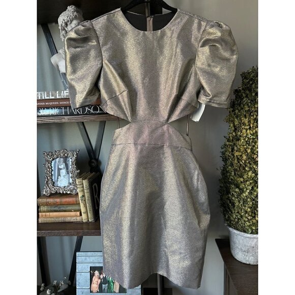 Ieena Mac Duggal Metallic Puff Sleeve Cutout Mini Dress Copper Gold Womens Size - Picture 4 of 13